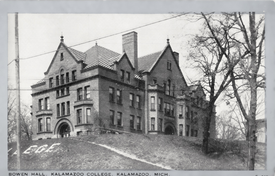 Black and white photo postcard of Bowen Hall, a brick classroom building.