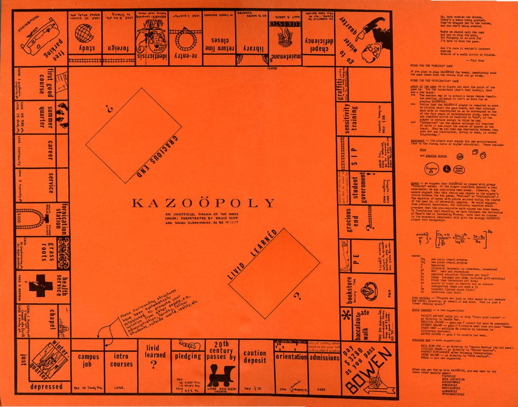 Orange poster designed to look like a monopoly board with Kalamazoo College themed blocks.