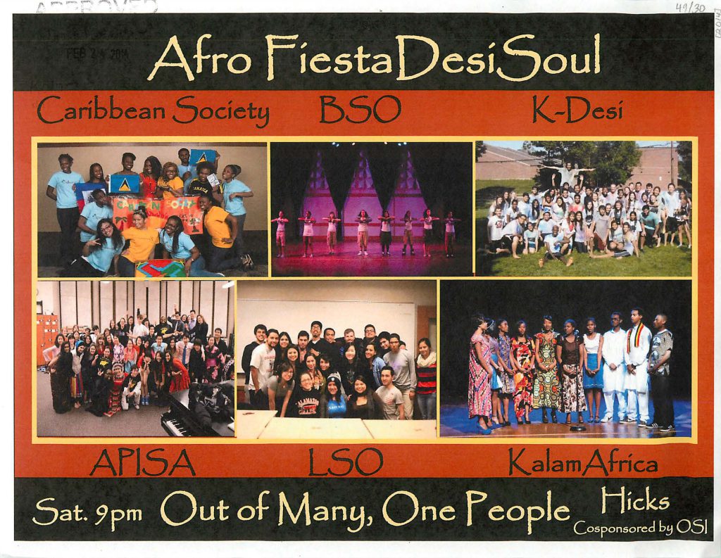 Flyer for Afro Fiest Desi Soul with group photos of student organizations including BSO, APISA, LSO, and the Caribbean Society.