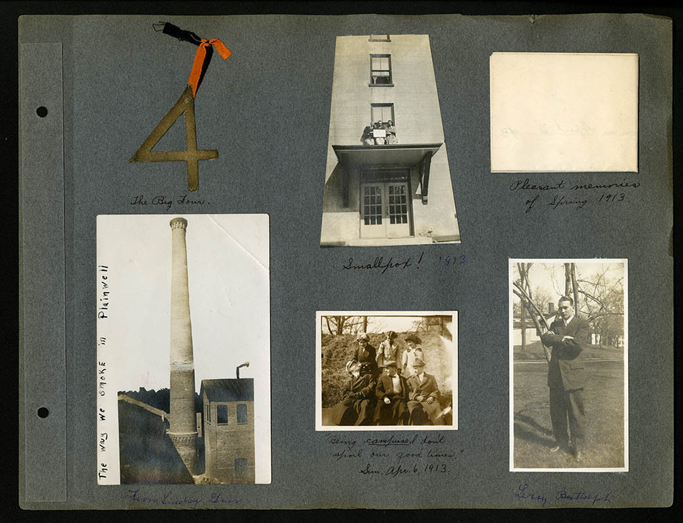 Page from a student scrapbook from 1913 with photos of students in quarantine due to smallpox on campus.